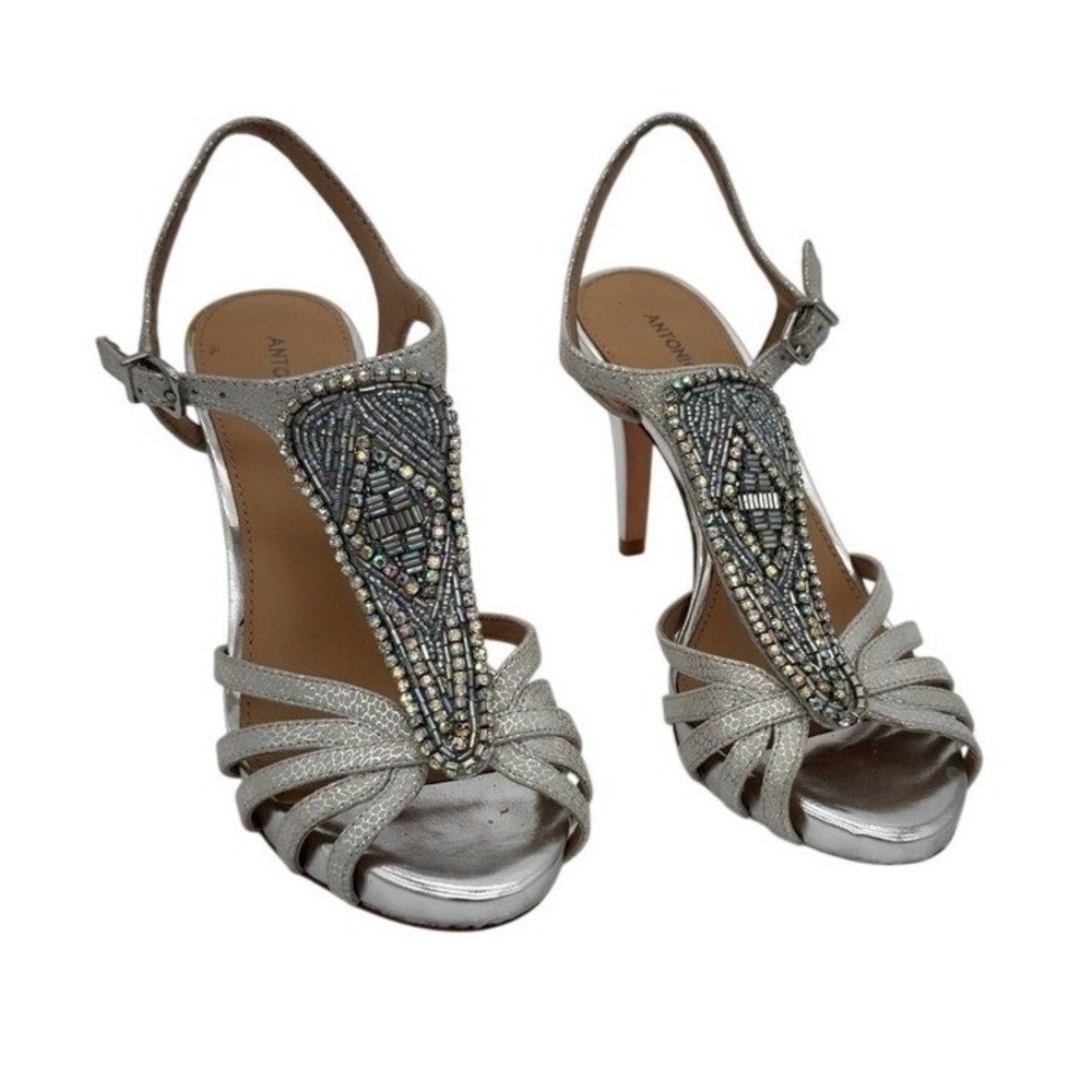 Antonio Melani Silver Embellished T Strap Stiletto Heels Size 7.5
